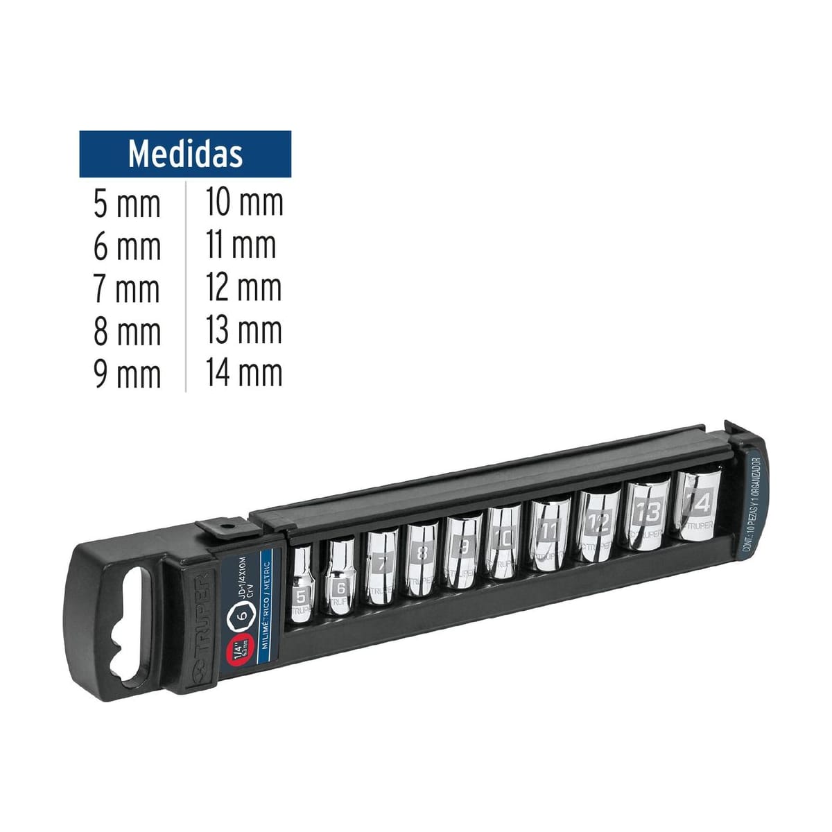 Juego de Dados Cuadro 1/4 mm 10 Piezas 14166 - Truper