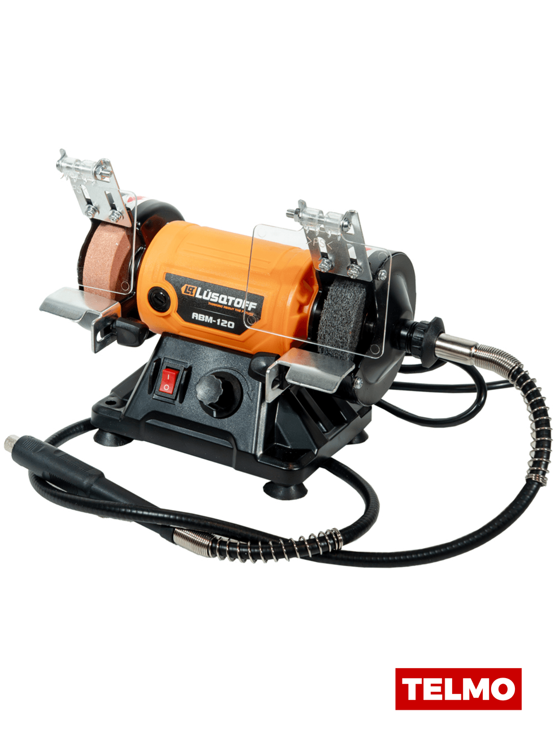 Amoladora Banco Multifunción 120W 9900 RPM Velocidad Variable Discos 75x20x10mm + Eje Flexible 1m Mini Torno + 100 Accesorios ABM-120 - Lusqtoff, foto real
