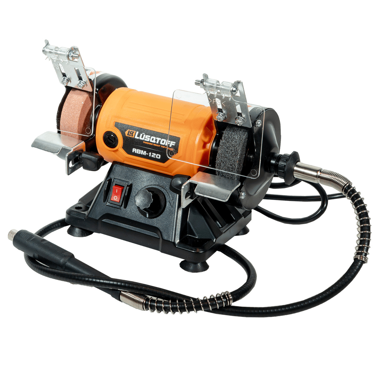 Amoladora Banco Multifunción 120W 9900 RPM Velocidad Variable Discos 75x20x10mm + Eje Flexible 1m Mini Torno + 100 Accesorios ABM-120 - Lusqtoff