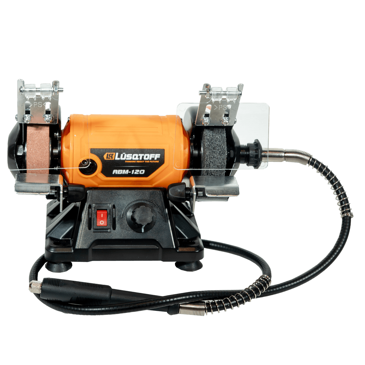 Amoladora Banco Multifunción 120W 9900 RPM Velocidad Variable Discos 75x20x10mm + Eje Flexible 1m Mini Torno + 100 Accesorios ABM-120 - Lusqtoff