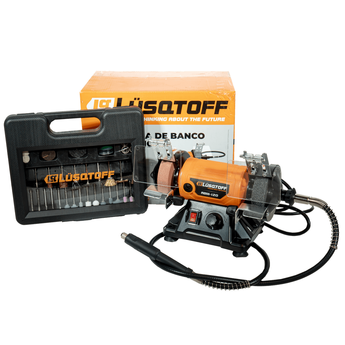Amoladora Banco Multifunción 120W 9900 RPM Velocidad Variable Discos 75x20x10mm + Eje Flexible 1m Mini Torno + 100 Accesorios ABM-120 - Lusqtoff