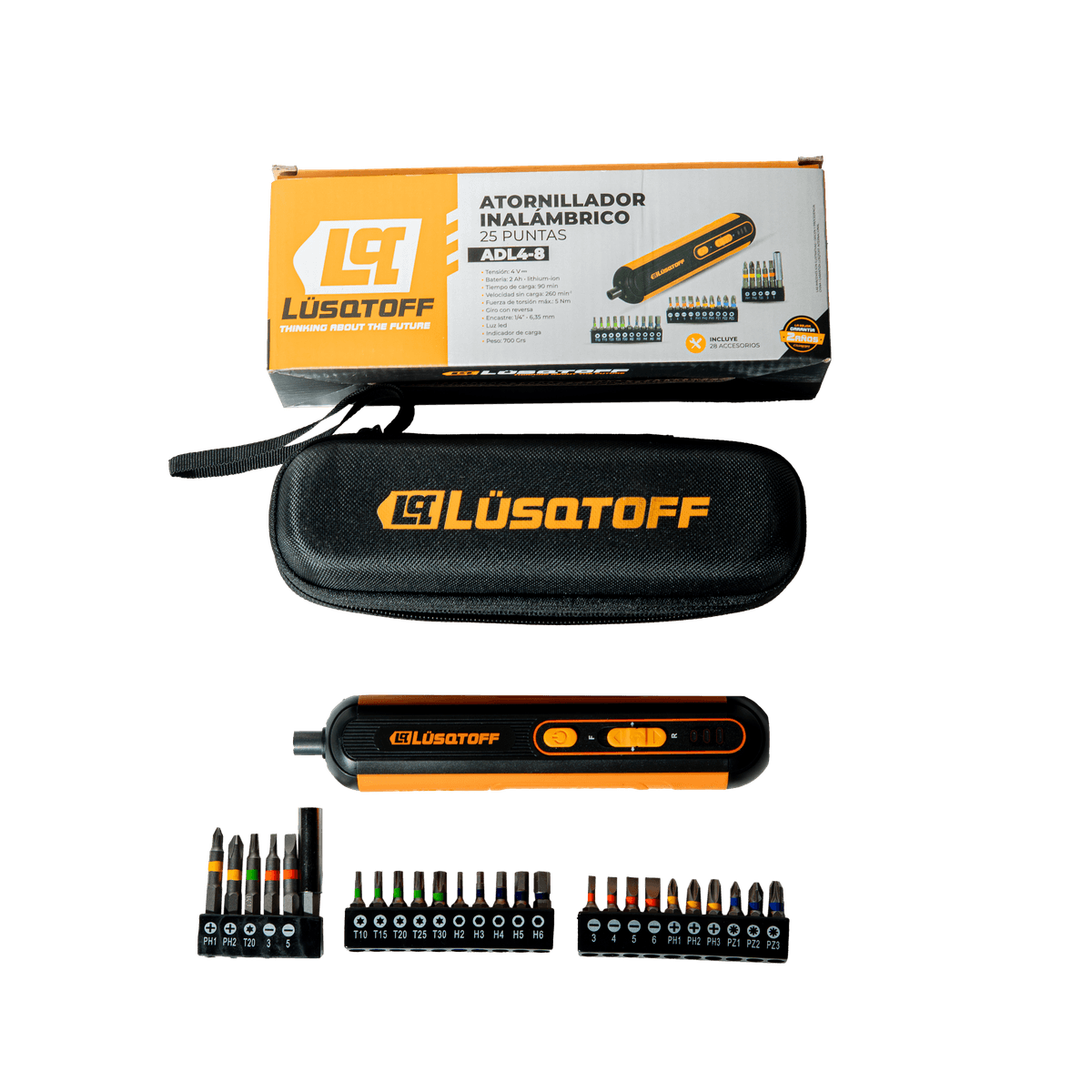 Atornillador Destornillador A Batería 4V 5Nm 1/4 + 25 Puntas + Estuche ADL4-8 - Lusqtoff