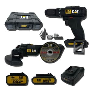 Combo Taladro Percutor 13mm + Amoladora 125mm Brushless + 2 baterías + Accesorios + Maletín DXK203 - CAT