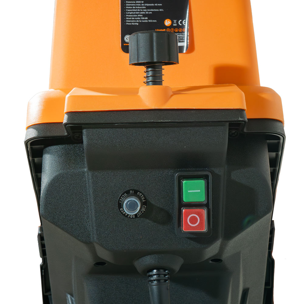 Chipeadora Trituradora Ramas Eléctrica 2500W Chipeado 45mm Bolsa 45L Motor Inducción IPX4 + Empujador CHE45L-8 - Lusqtoff