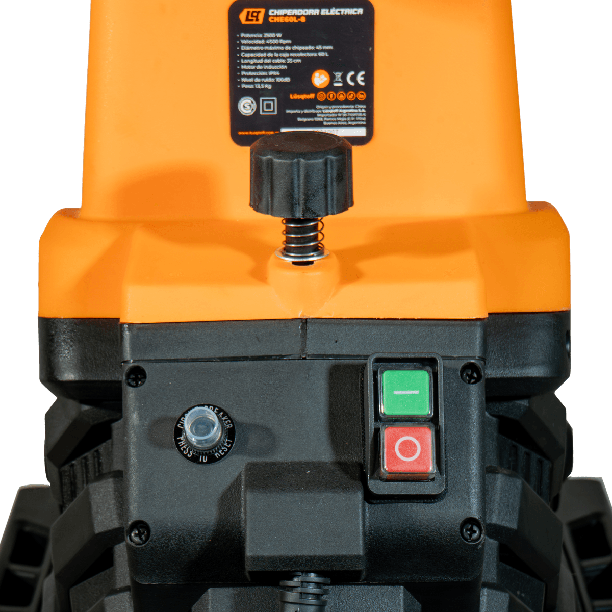 Chipeadora Trituradora Ramas Eléctrica 2500W Chipeado 45mm Caja 60L 4000 RPM Motor Inducción IPX4 CHE60L-8 - Lusqtoff