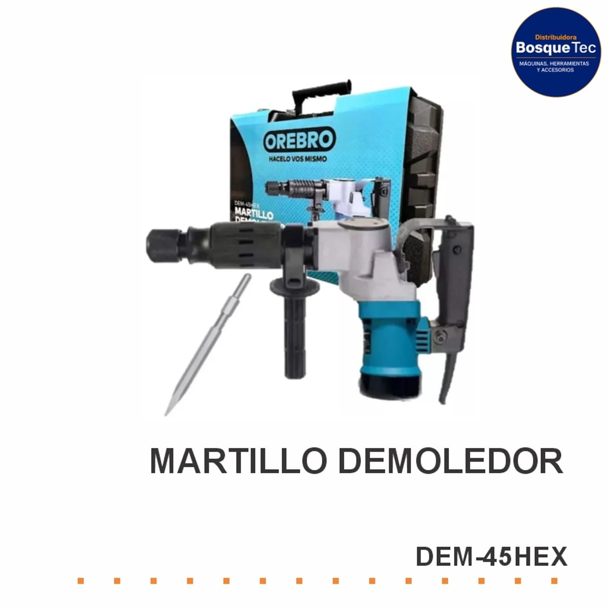 Martillo Demoledor 1500W 10J Hexagonal 17mm + Cincel Punta + Maletín DEM-45HEX - Orebro