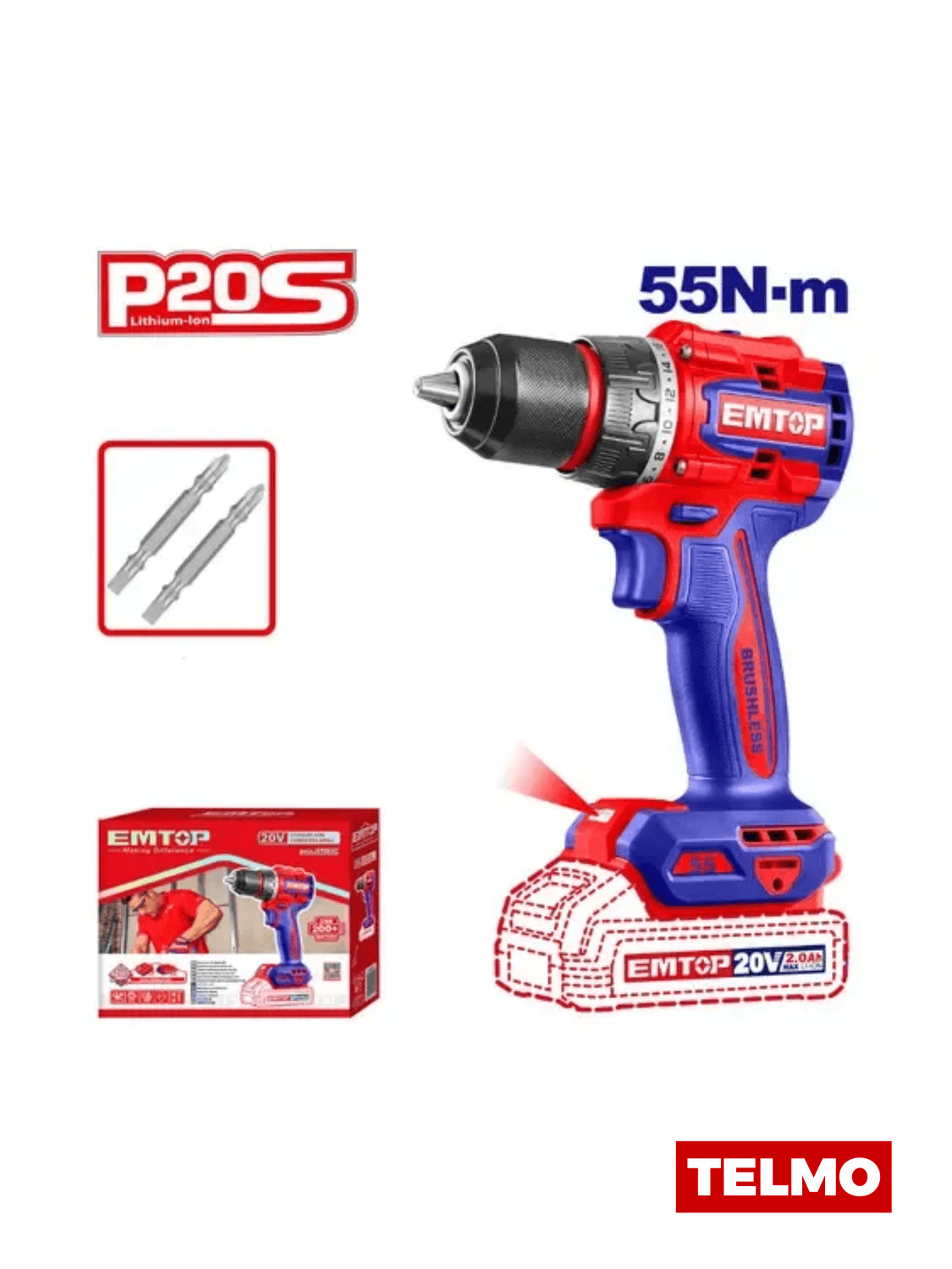 Taladro Atornillador Brushless A Batería 20V 55Nm 13mm ECDL205581 - Emtop