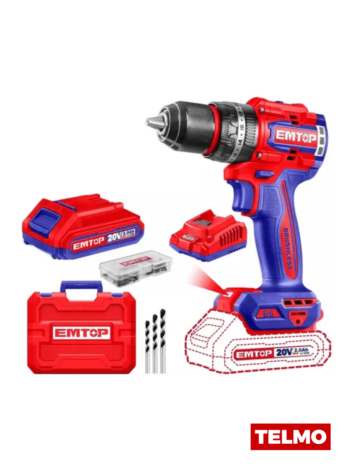 TALADRO INALAMBRICO 20V 66Nm C/ 2 BAT 2.0 AH + CARGADOR + ACC EMTOP