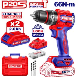 TALADRO INALAMBRICO 20V 66Nm C/ 2 BAT 2.0 AH + CARGADOR + ACC EMTOP