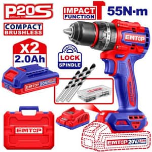 Taladro Percutor Brushless 13mm 55Nm 20V + 2 Bat 2Ah + Cargador ECIDL205584 - Emtop
