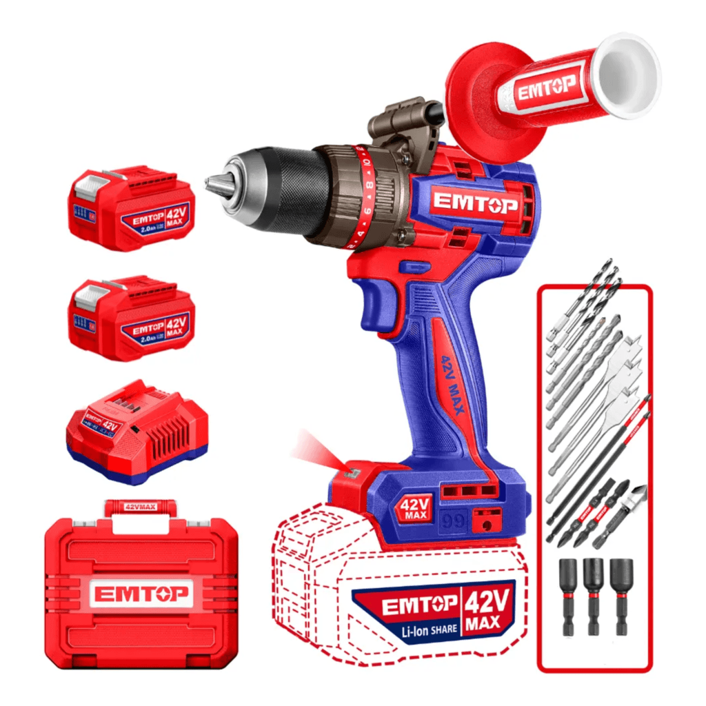 Taladro Percutor Brushless 13mm 99Nm 42V + 2 Bat 2Ah + Cargador ECIDL4299824 - Emtop