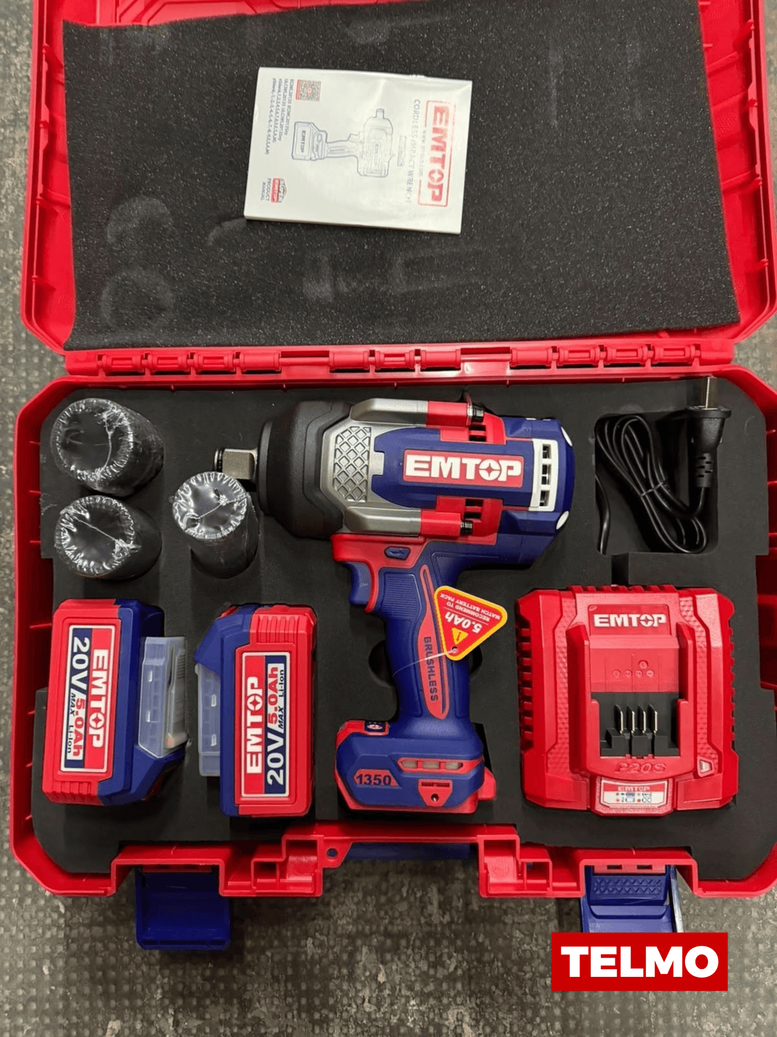 Llave de Impacto 3/4" Brushless 1350Nm 20V + 2 Baterías 5Ah + Cargador + 3 Dados + Maletín ECIWL20135 - Emtop