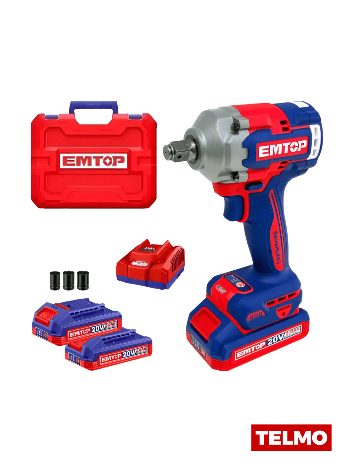 Llave de Impacto 1/2" Brushless 400Nm 20V + 2 Baterías 2Ah + Cargador + 3 Tubos + Maletín ECIWL2040-4 - Emtop