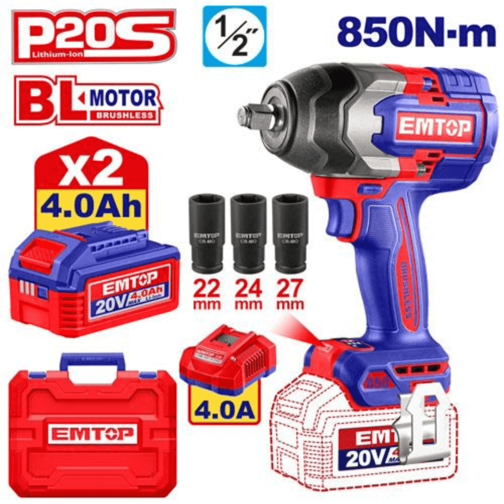 Llave de Impacto Brushless 1/2" 850Nm 20V + 2 Bat 4Ah + Cargador + Maletín ECIWL2085-4 - Emtop