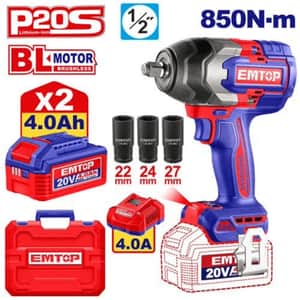Llave de Impacto Brushless 1/2" 850Nm 20V + 2 Bat 4Ah + Cargador + Maletín ECIWL2085-4 - Emtop