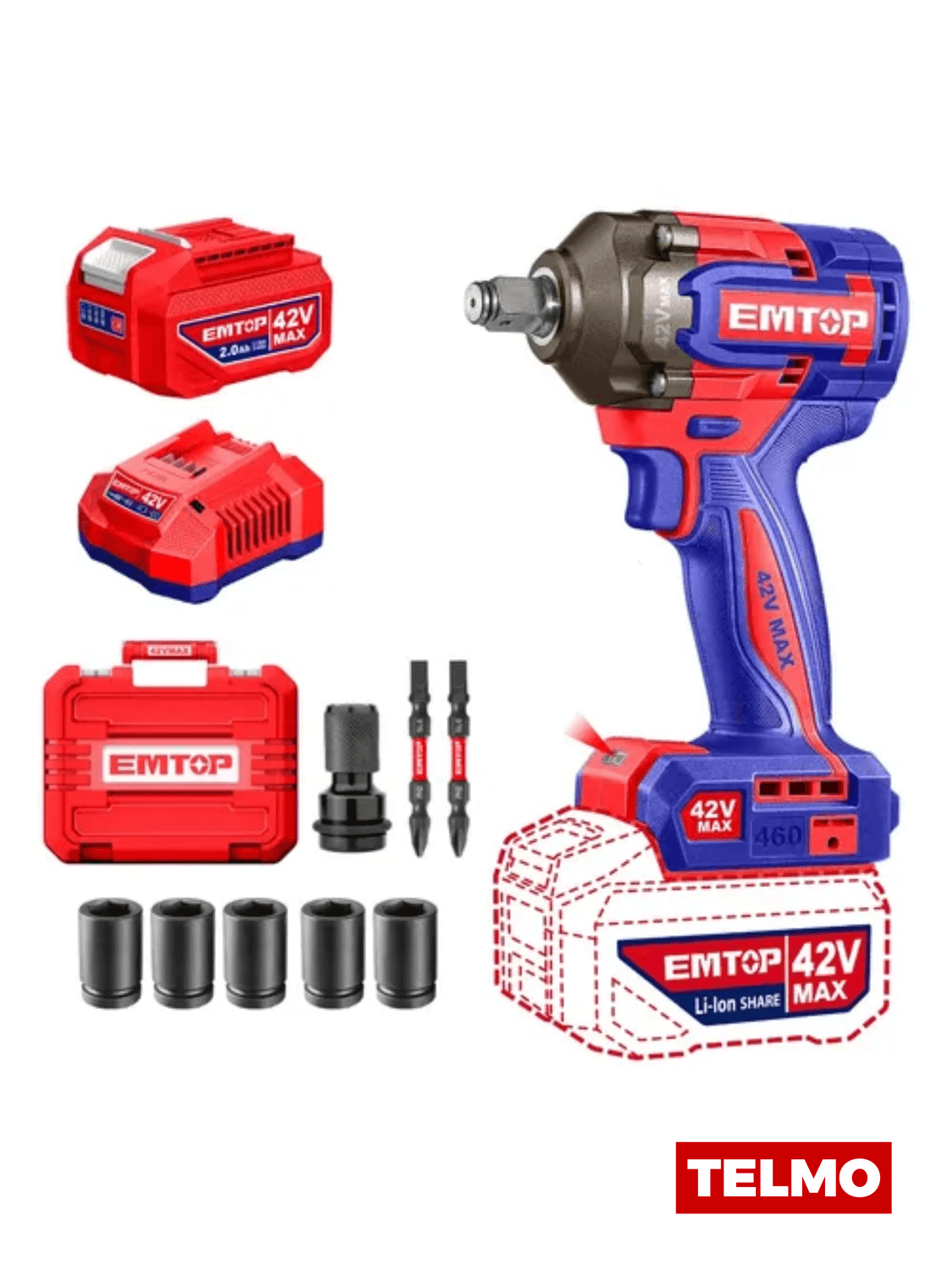 Llave de Impacto Brushless 42V 460Nm 1/2" + Batería 2Ah + Cargador + Maletín ECIWL42461-4 - Emtop