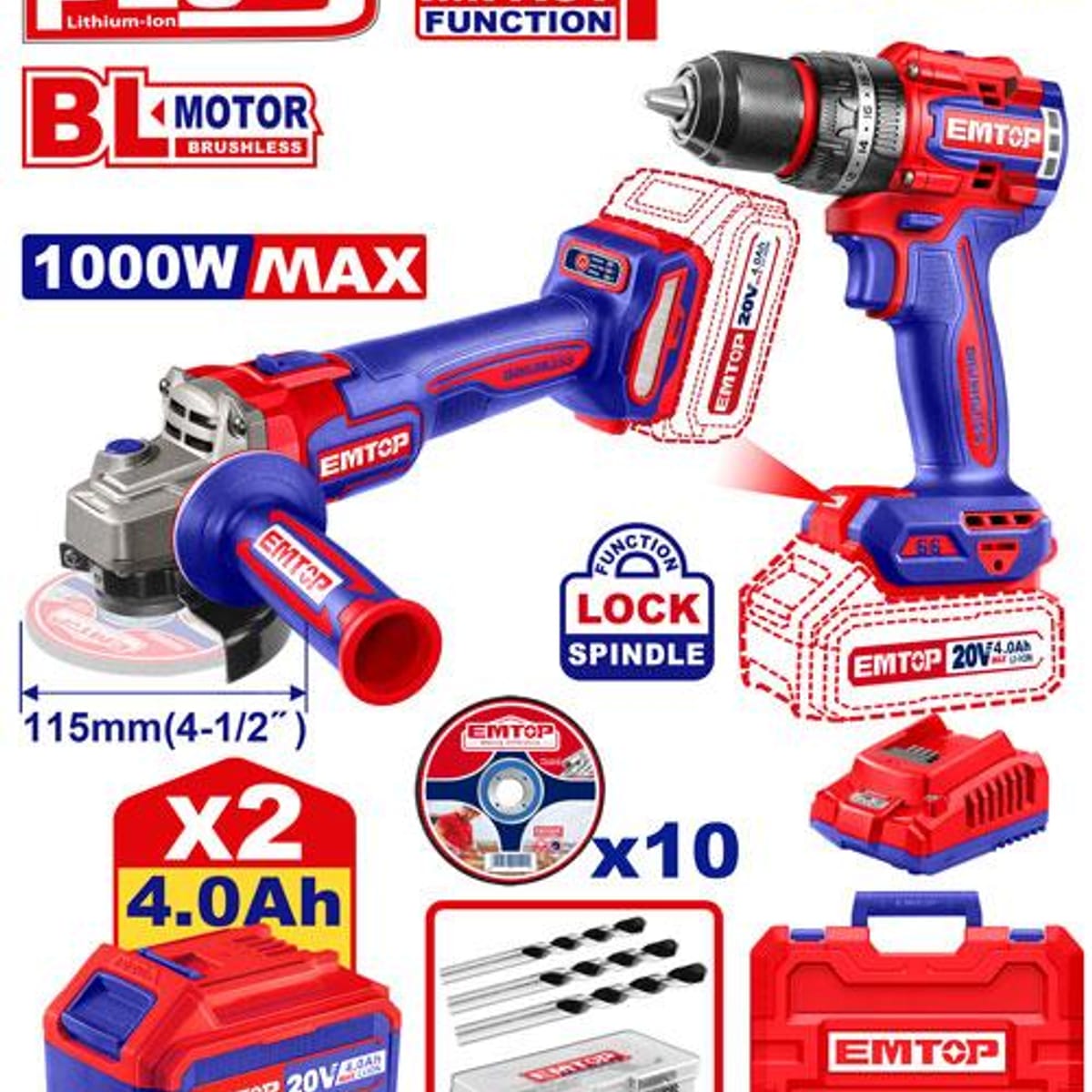 Combo Atornillador Percutor 13mm + Amoladora 115mm Brushless 20V + 2 Bat 4Ah ECKL20273 - Emtop