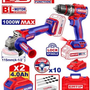 Combo Atornillador Percutor 13mm + Amoladora 115mm Brushless 20V + 2 Bat 4Ah ECKL20273 - Emtop