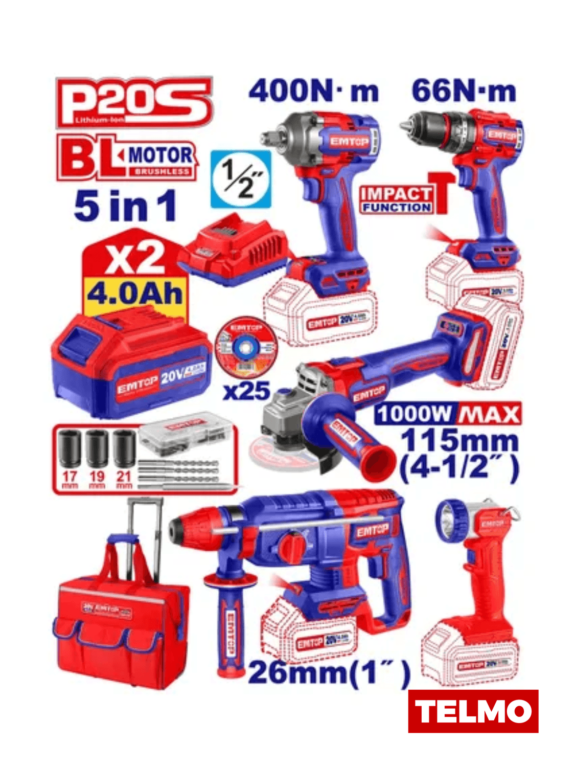 Combo 5 Herramientas A Batería Brushless 20V Taladro Percutor + Llave Impacto + Rotomartillo + Amoladora + Linterna + 2 Baterías 4Ah + Cargador ECKL2059-4 - Emtop