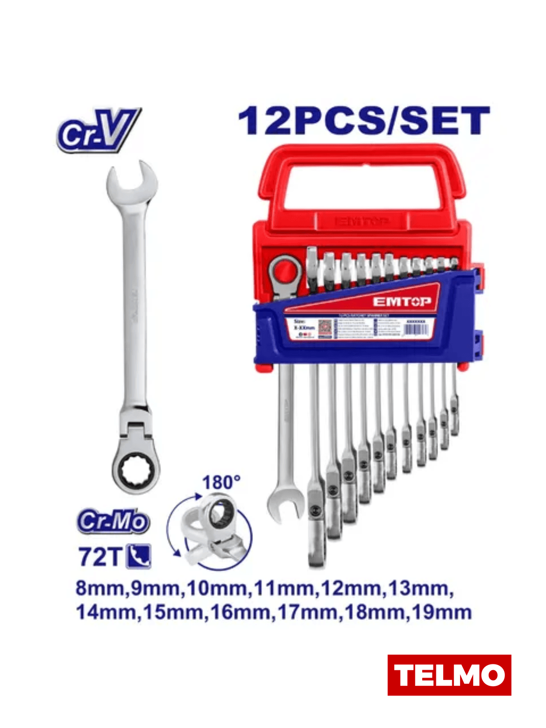 Set Llaves Combinadas Con Matraca Flexible 8-19mm 12 Piezas ECSS101203 - Emtop