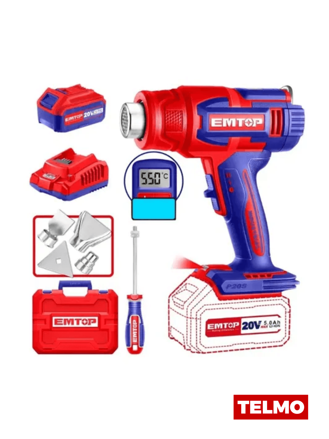 Pistola Calor A Batería 20V 300/550°C + Batería 4Ah + Cargador + 3 Boquillas + Maletín EHGN200215 - Emtop