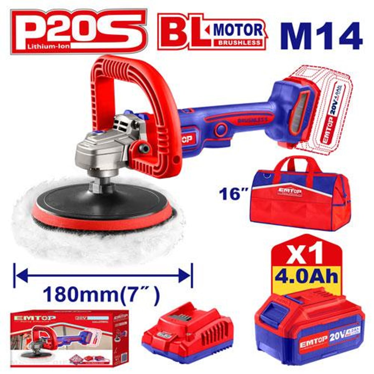 Pulidora A Batería Brushless 20V 180mm Velocidad Variable + Batería 4Ah + Cargador + Bolso ELAP20181 - Emtop