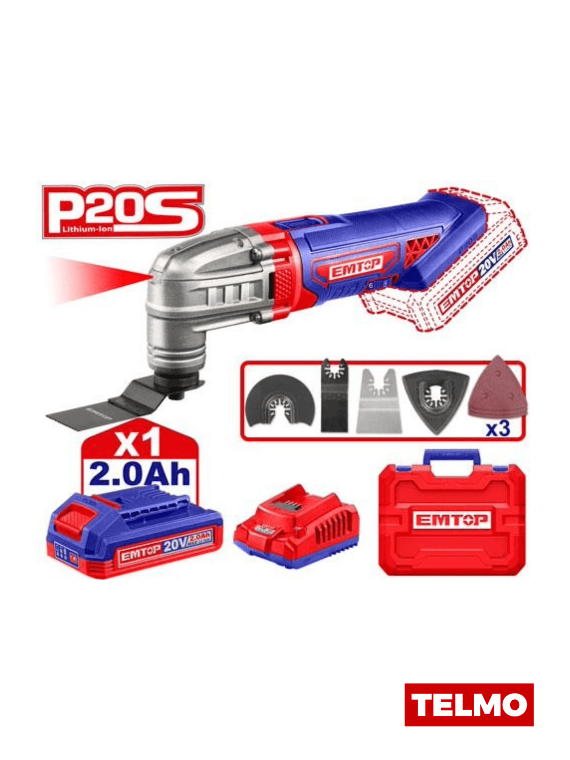 Multiherramienta Oscilatoria a Batería 20V 5000-20000opm + Batería 2Ah + Cargador + Accesorios + Maletín ELMF20221 - Emtop