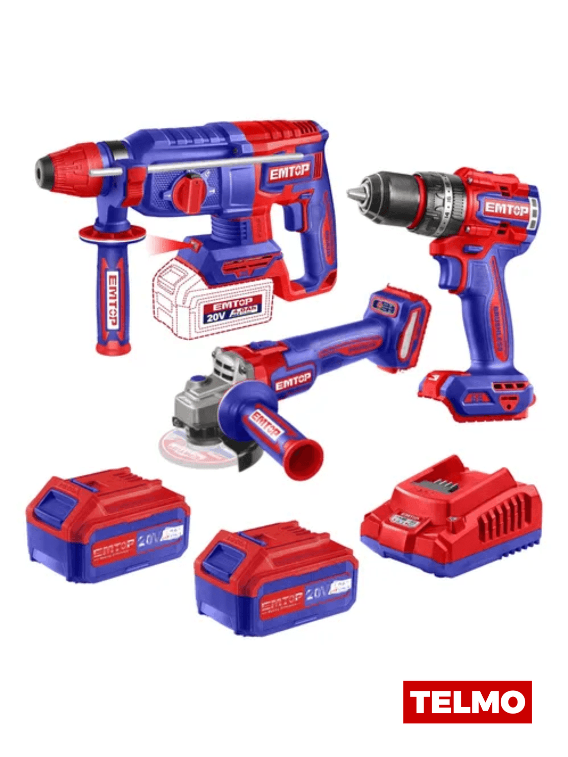 Combo Taladro Percutor 66Nm + Rotomartillo SDS Plus 26mm + Amoladora 115mm Brushless 20V + 2 Baterías 4Ah + Cargador + Maletín ELOSLI241198-4 - Emtop