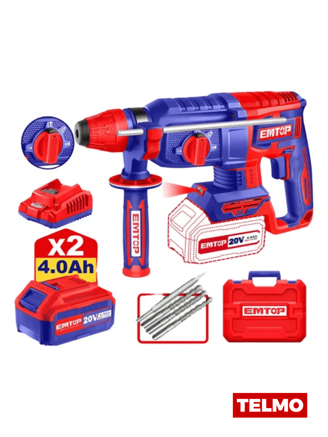 Rotomartillo Brushless SDS Plus 26mm 5000BPM 20V + 2 Baterías 4Ah + Cargador + Maletín ELRH202682 - Emtop