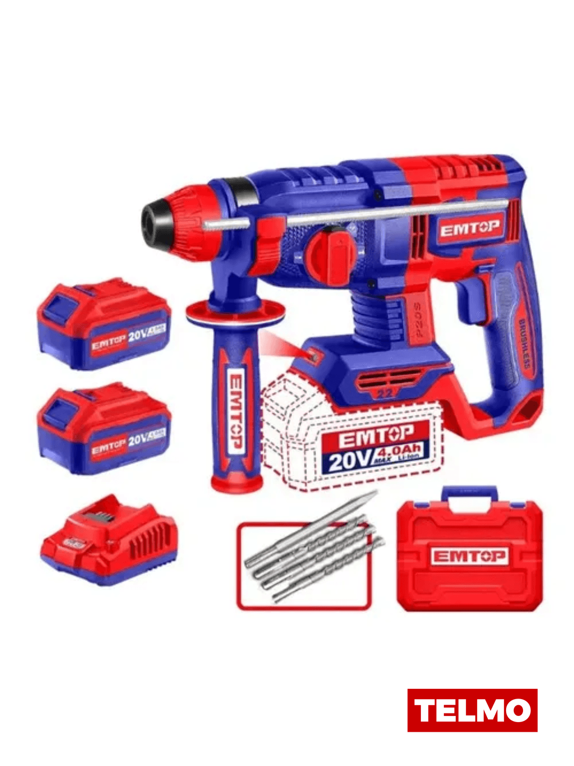 Rotomartillo Brushless SDS Plus 2J 5400BPM 20V + Batería 4Ah + Cargador + Accesorios ELRH202081-4 - Emtop
