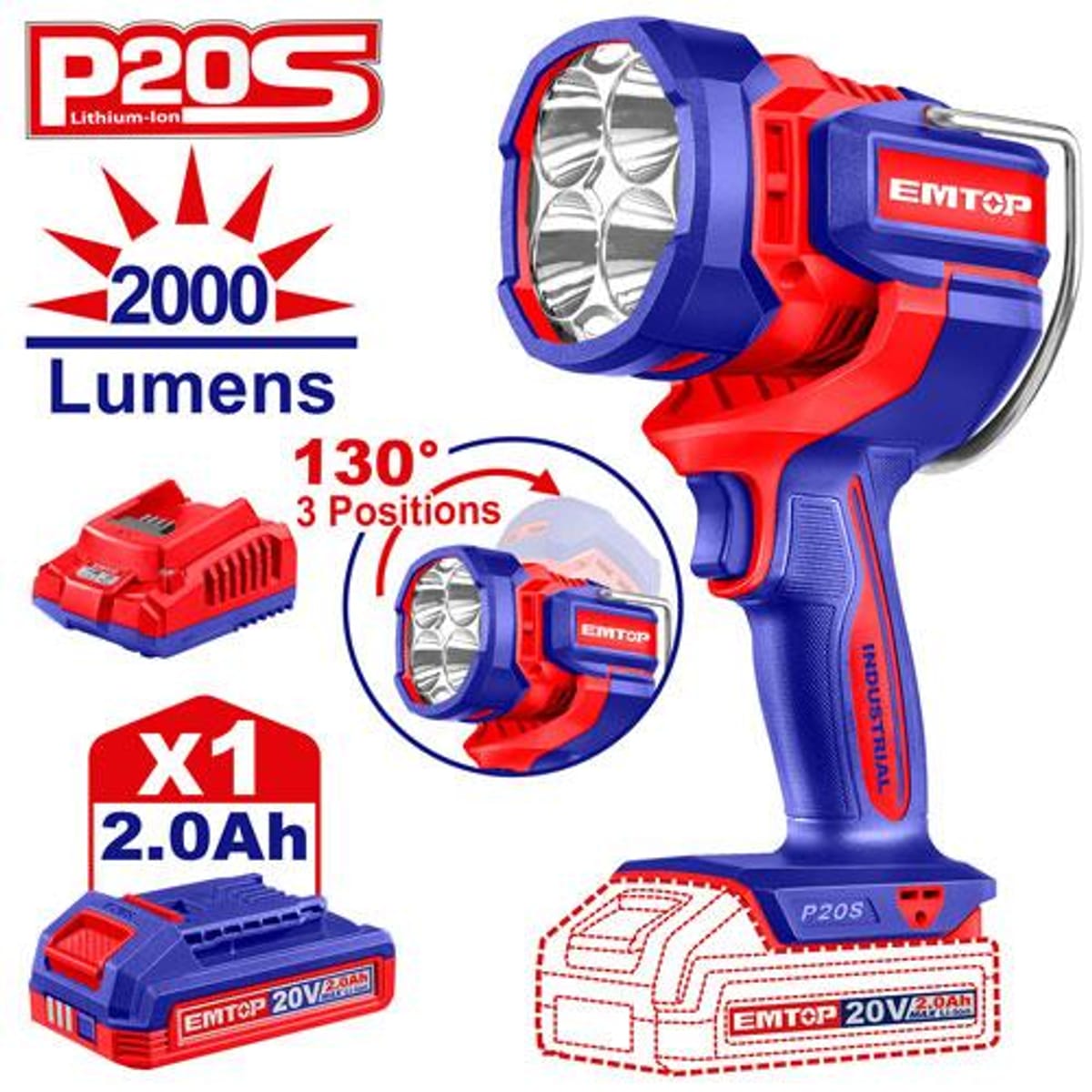 Linterna Trabajo LED 20V 2000lm Cabezal Giratorio + Batería 2Ah + Cargador ELWLI20881-4 - Emtop