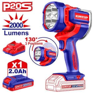 Linterna Trabajo LED 20V 2000lm Cabezal Giratorio + Batería 2Ah + Cargador ELWLI20881-4 - Emtop