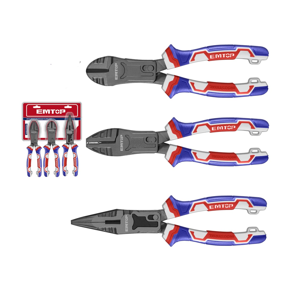 Set 3 Pinzas Acción Compuesta Electricista Corte Diagonal Punta Larga PLS2351 - Emtop