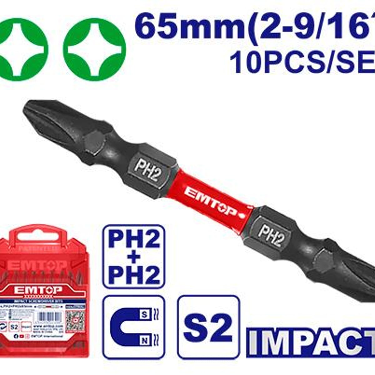 Set Puntas Atornillador de Impacto PH2 65mm 10 Piezas ESBTMPH233 - Emtop