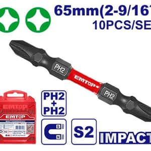 Set Puntas Atornillador de Impacto PH2 65mm 10 Piezas ESBTMPH233 - Emtop