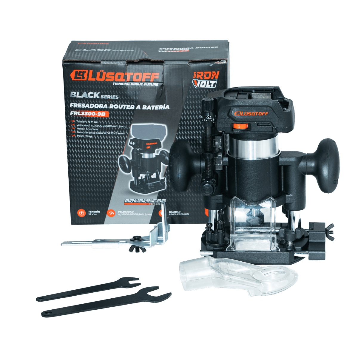 Fresadora Router A Batería Brushless 18V 10000-30000 RPM Pinzas 6mm 6.35mm 8mm Sin Batería + Guías + Acople Aspiración FRL3300-9B - Lusqtoff