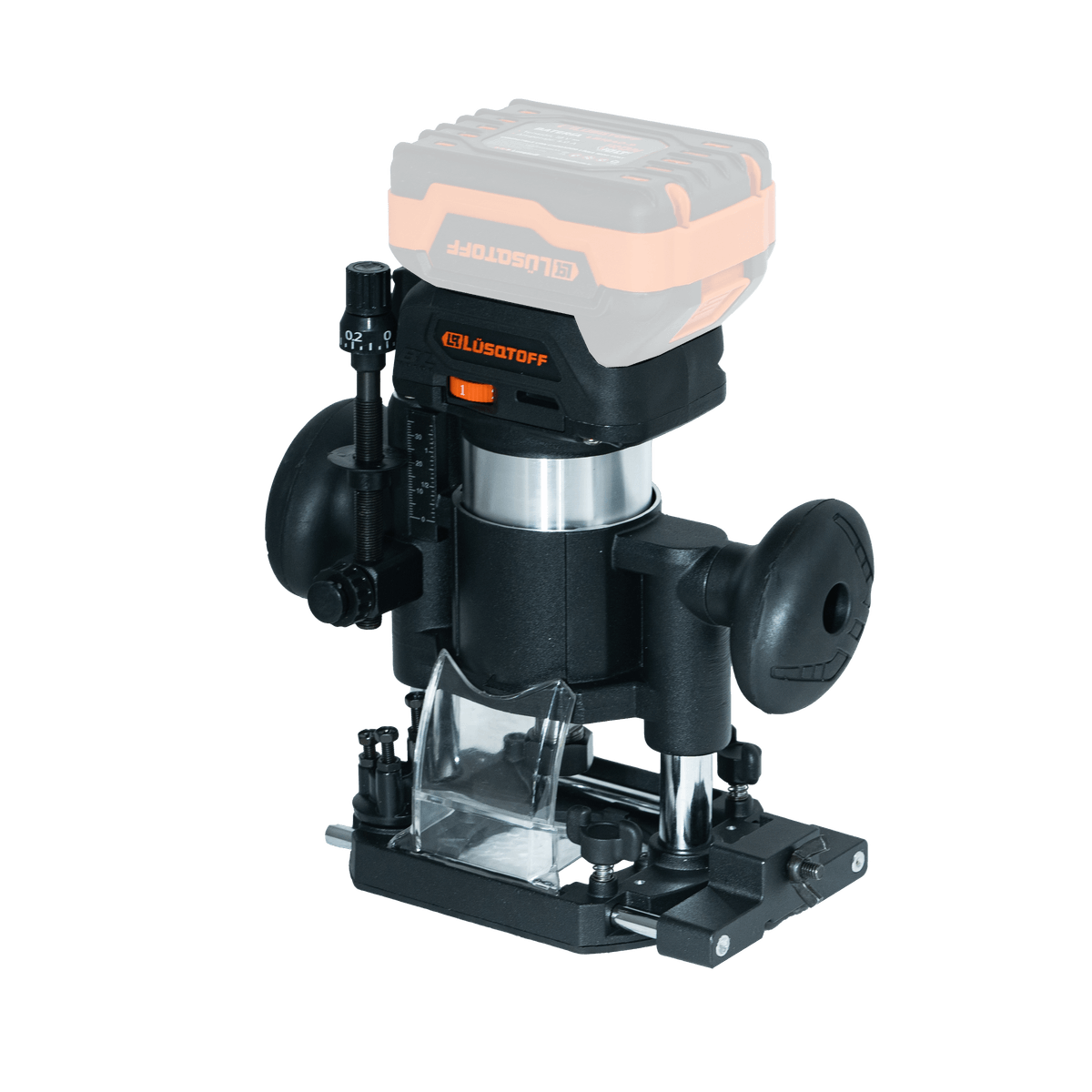 Fresadora Router A Batería Brushless 18V 10000-30000 RPM Pinzas 6mm 6.35mm 8mm Sin Batería + Guías + Acople Aspiración FRL3300-9B - Lusqtoff