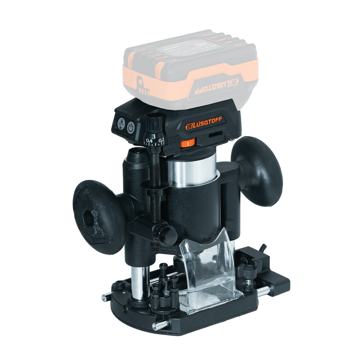 Fresadora Router A Batería Brushless 18V 10000-30000 RPM Pinzas 6mm 6.35mm 8mm Sin Batería + Guías + Acople Aspiración FRL3300-9B - Lusqtoff