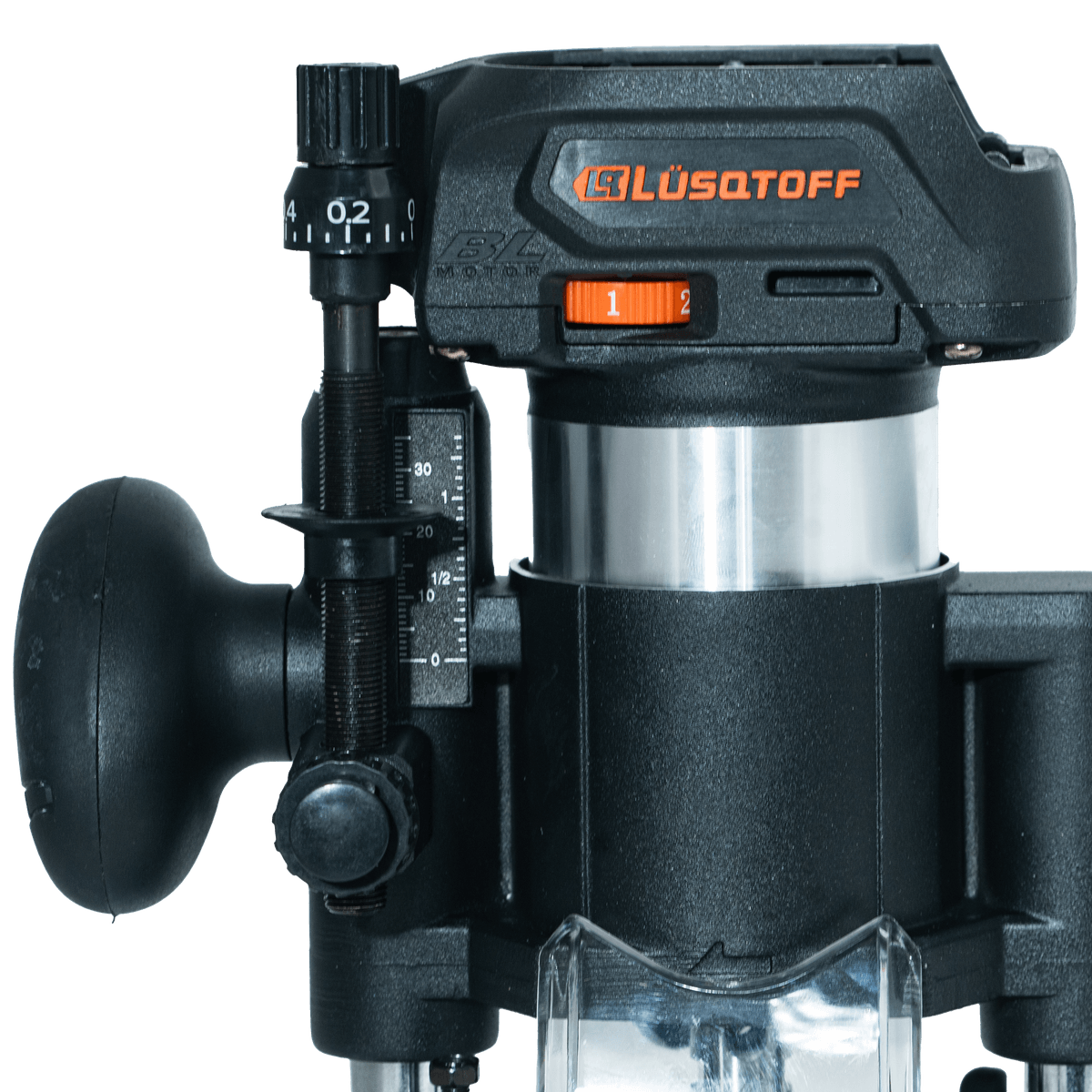 Fresadora Router A Batería Brushless 18V 10000-30000 RPM Pinzas 6mm 6.35mm 8mm Sin Batería + Guías + Acople Aspiración FRL3300-9B - Lusqtoff