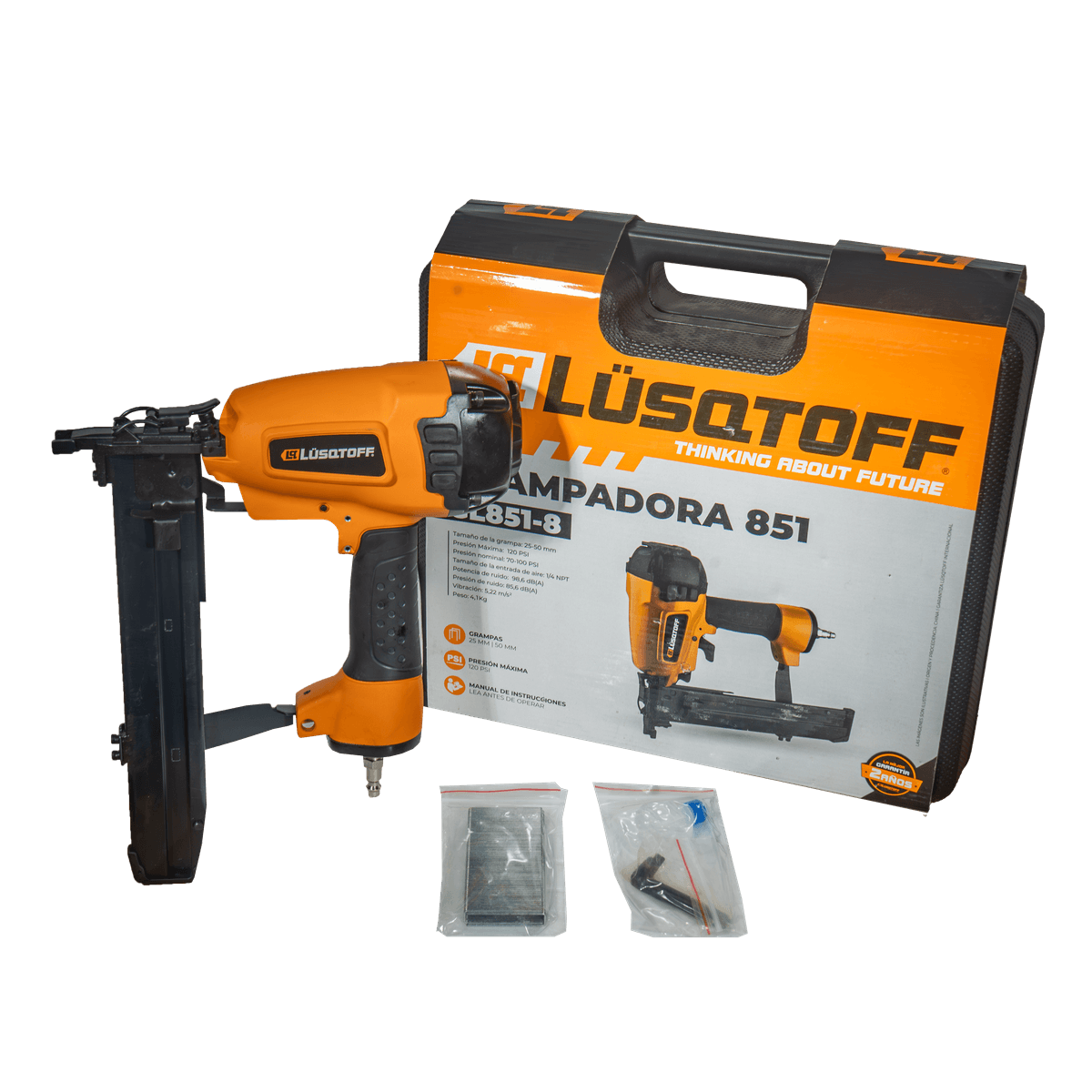 Grampadora Neumática Grampas 25-50mm 120 PSI Cargador 150 Grampas + Maletín GL851-8 - Lusqtoff