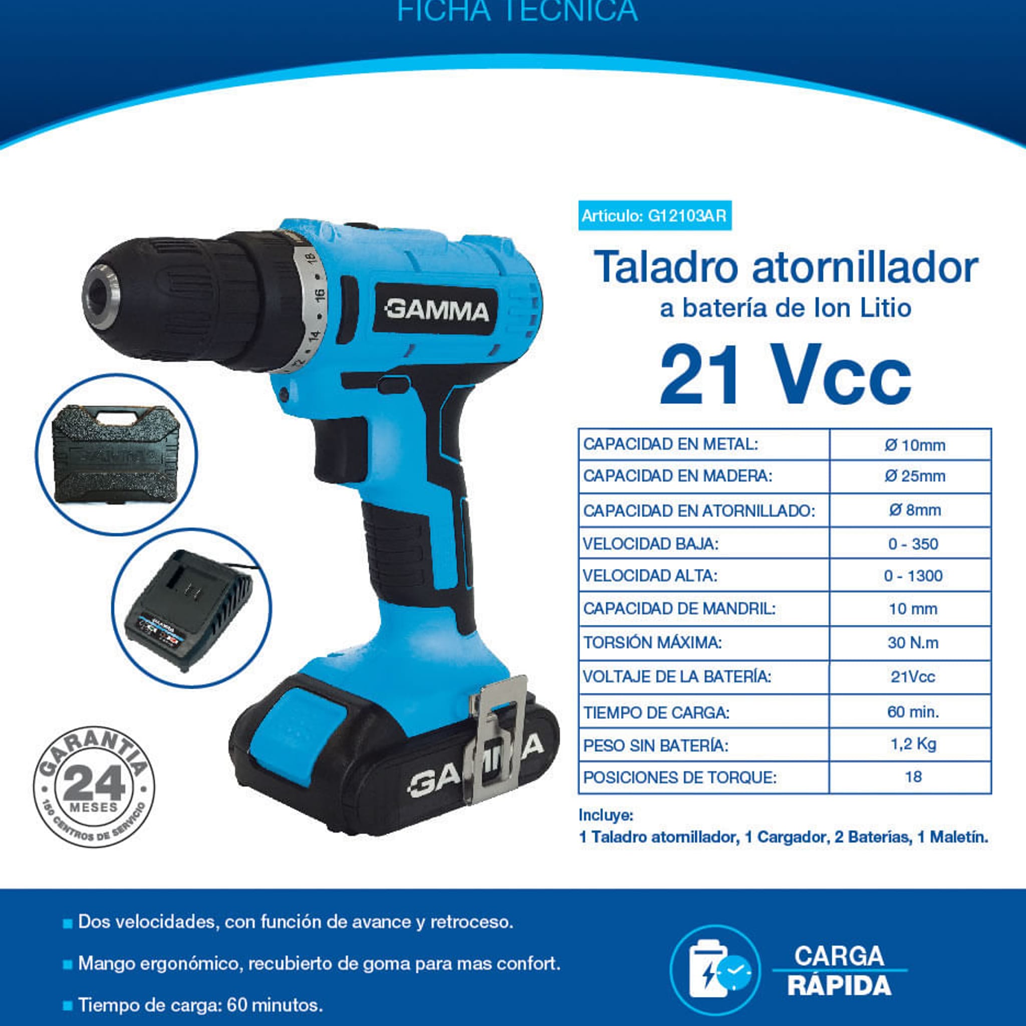 Taladro Atornillador A Bateria 21V 10mm G12103AR - Gamma