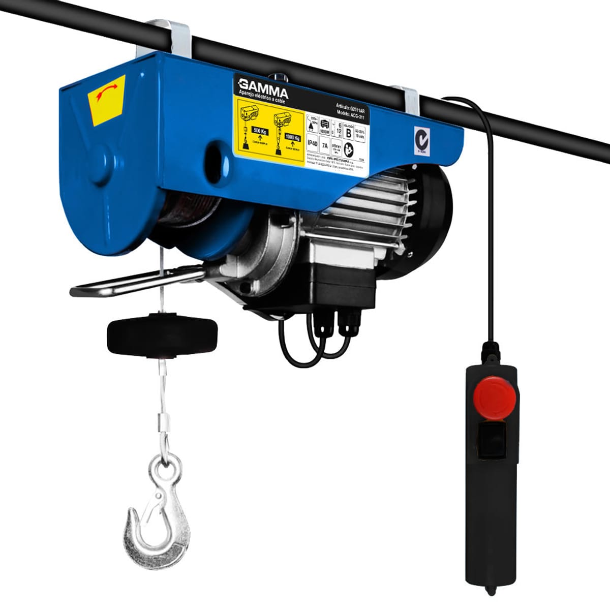 Aparejo Eléctrico Reforzado Cable 1600W 500kg / 999kg Elevación 11m G2311AR - Gamma 