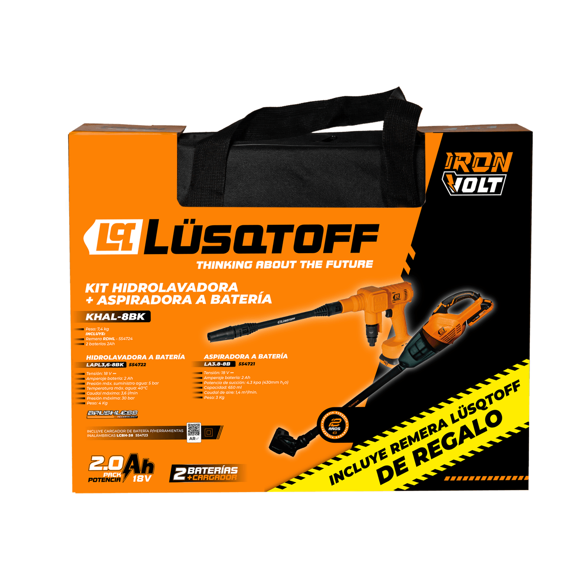 Kit Hidrolavadora Brushless 30 Bar + Aspiradora A Batería 18V + 2 Baterías + Bolso KHAL-8BK - Lusqtoff