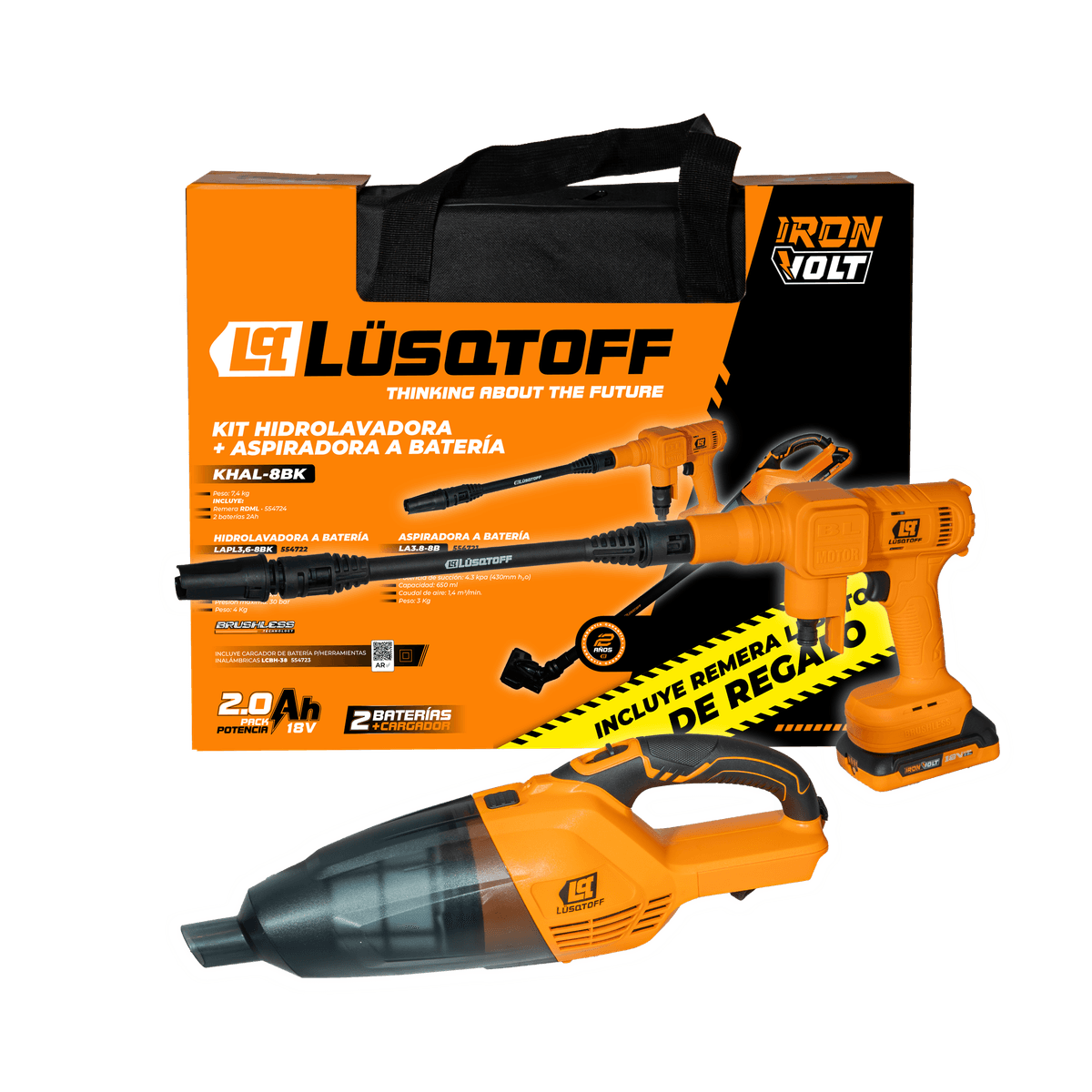 Kit Hidrolavadora Brushless 30 Bar + Aspiradora A Batería 18V + 2 Baterías + Bolso KHAL-8BK - Lusqtoff