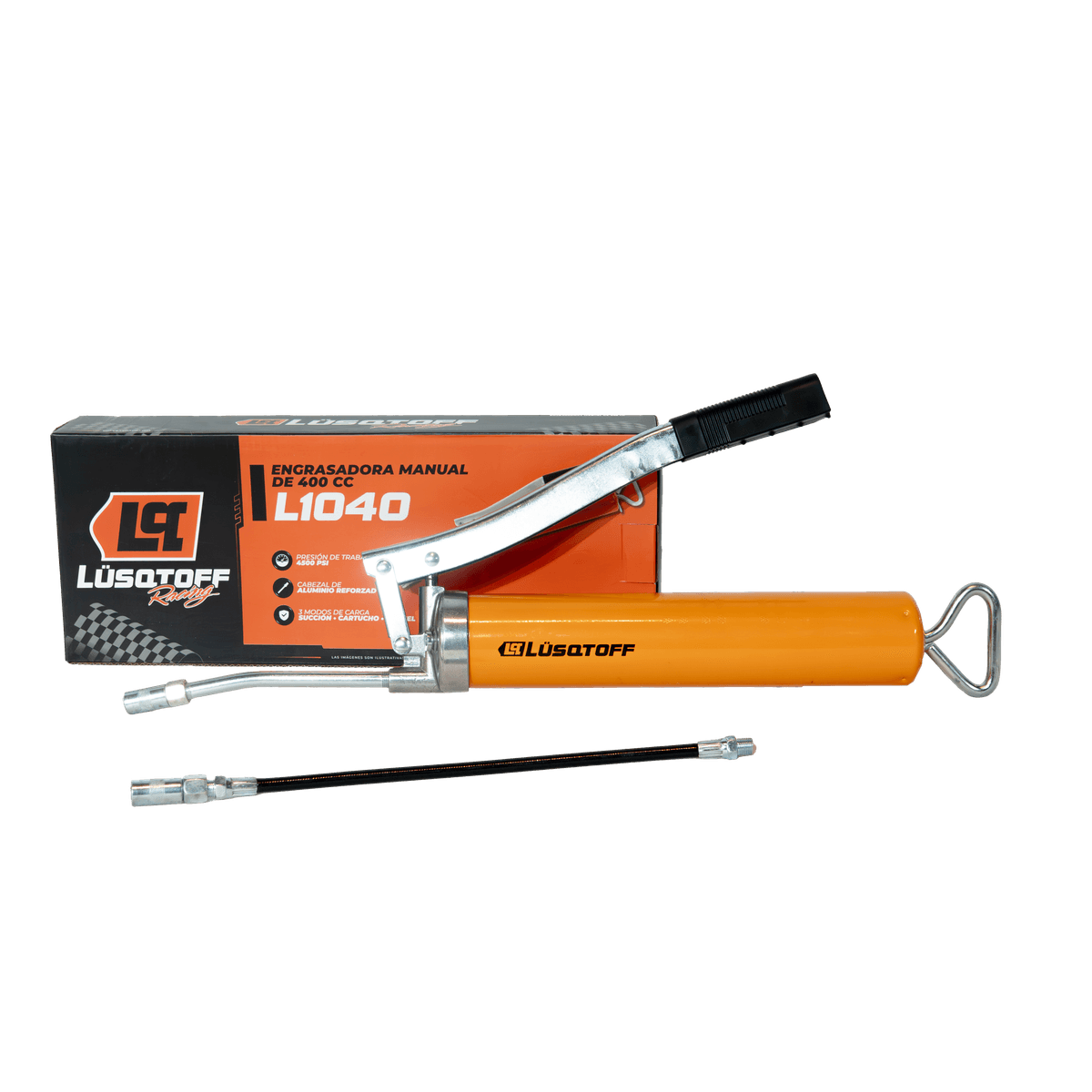 Engrasadora Manual 400cc 4500 PSI + Manguera 305mm + Boquilla Curva L1040 - Lusqtoff
