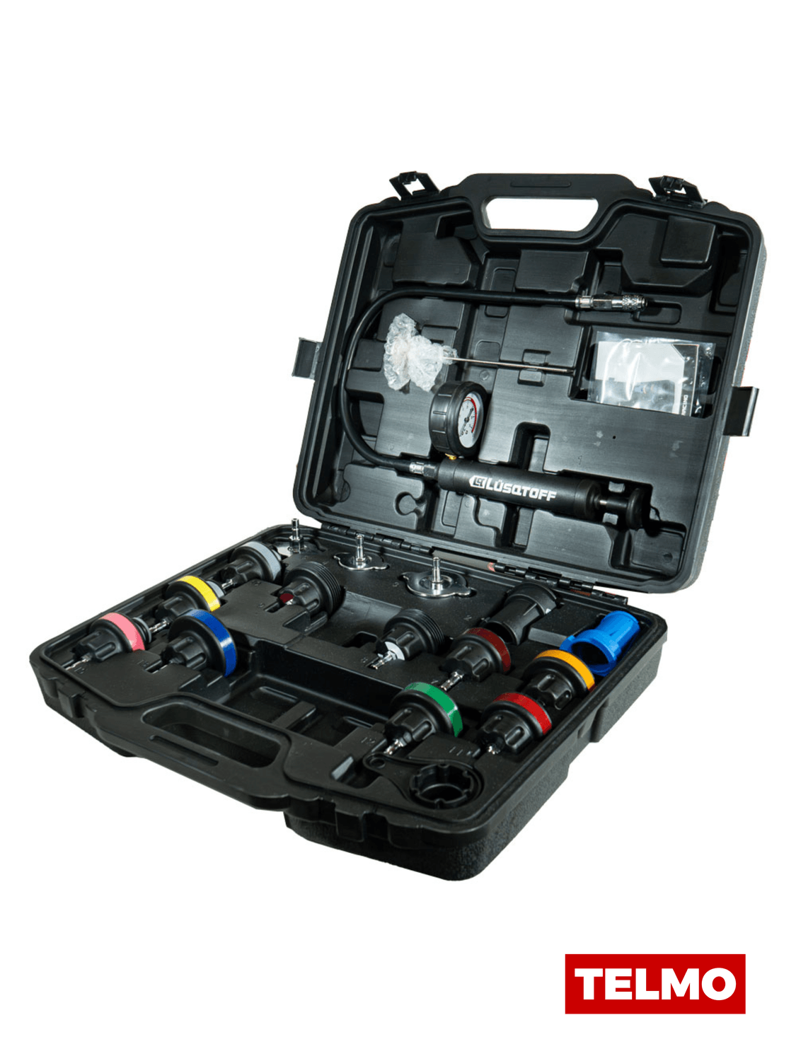 Medidor Presión Detector Fugas Radiadores Bomba Manómetro + Maletín 18 Piezas L1120 - Lusqtoff, foto real