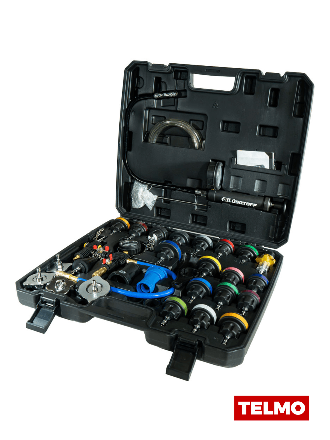 Medidor Presión Detector Fugas Radiadores Bomba Vacío Manómetro + Maletín 33 Piezas L1122 - Lusqtoff, foto real