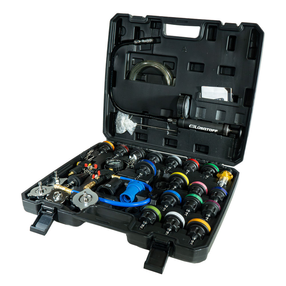 Medidor Presión Detector Fugas Radiadores Bomba Vacío Manómetro + Maletín 33 Piezas L1122 - Lusqtoff