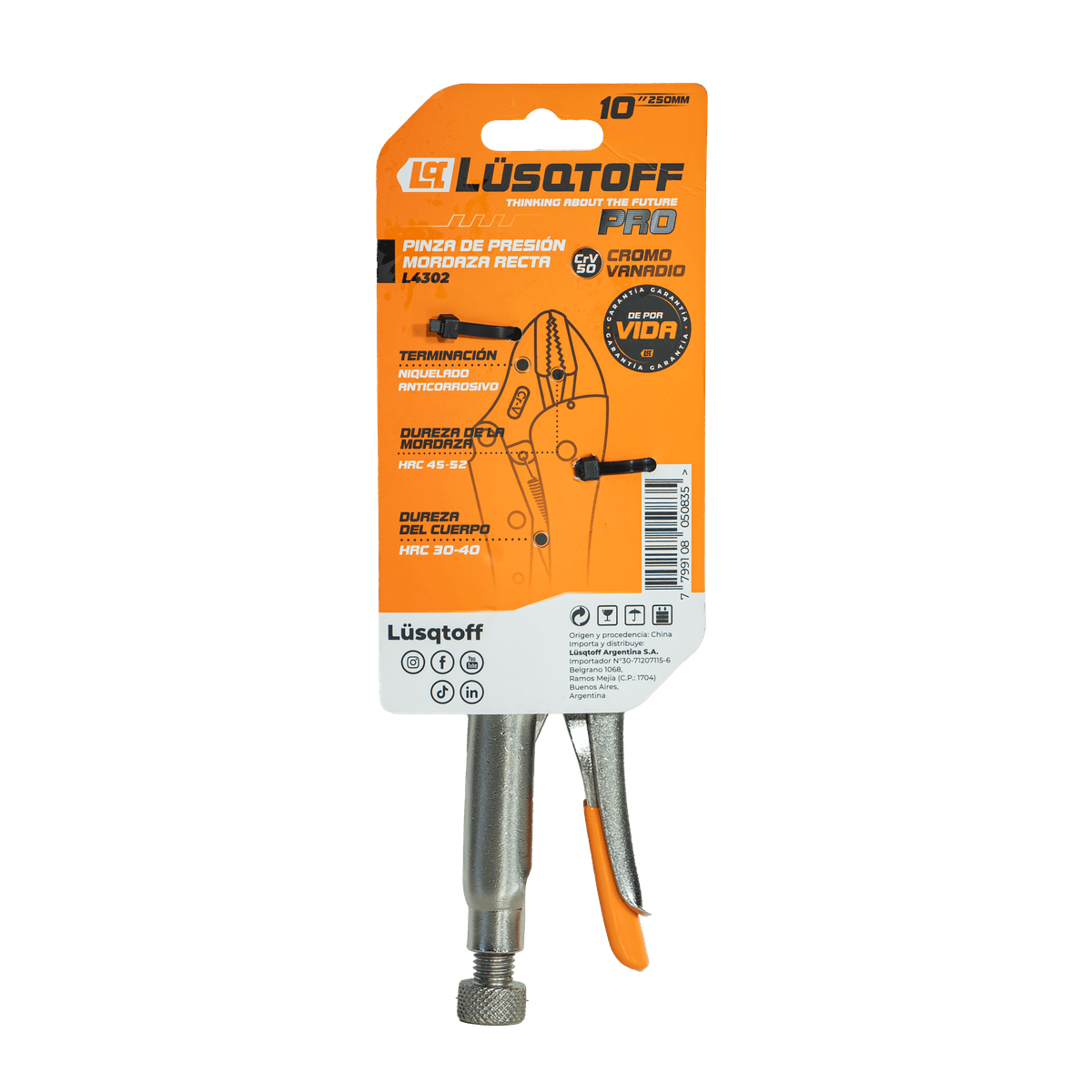 Pinza de Presión Mordaza Recta Pro 10" 250mm Cromo Vanadio L4302 - Lusqtoff