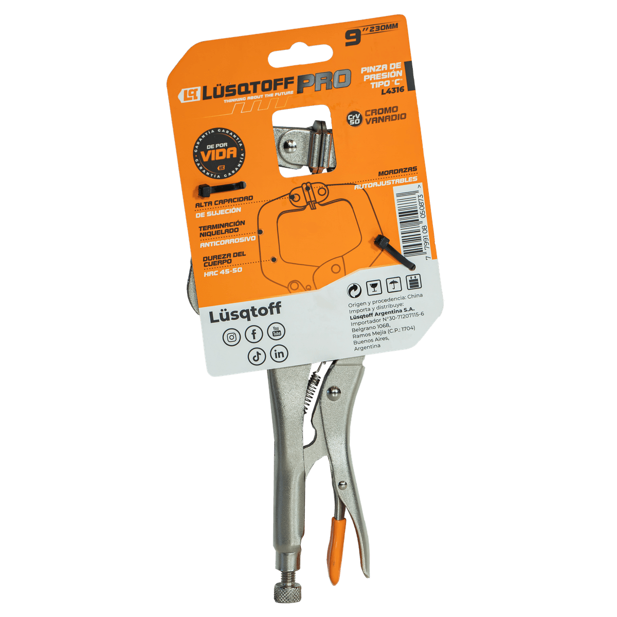 Pinza Presión Tipo C 9" 230mm Mordazas Autoajustables Cromo Vanadio L4316 - Lusqtoff